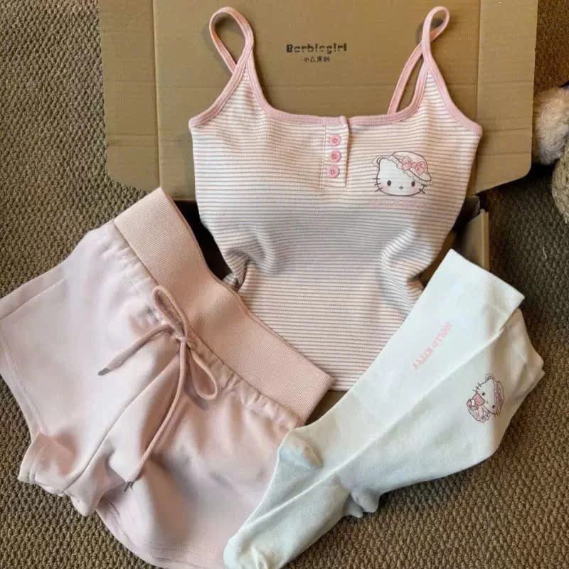 [Có sẵn] Bộ Đồ Ngủ Nữ Hai Dây Kẻ Hồng Loại Đẹp Hoạ Tiết Hình Hello Kitty Đáng Yêu Có Đệm Ngực