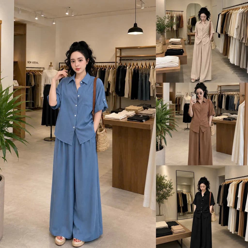 Set Bộ Nữ Dài Suông Kèm Áo Sơ Mi Thiết Kế Basic Dễ Mặt Thời Trang HIYU 66 STORE
