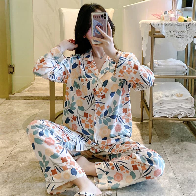 Bộ Đồ Ngủ Nữ Cotton Lụa Nhẹ Thoải Mái Khả Năng Thở Tốt Dài Tay Đến Mắt Cá Chân Quần Dài Ngọt Ngào Bộ Đồ Ngủ Dễ Thương 2 Món