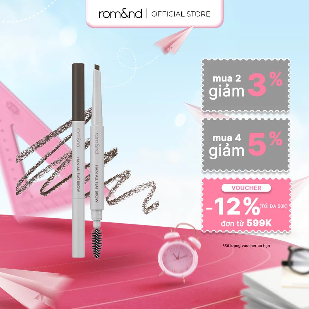 [Rom&nd] Chì kẻ mày ngang cho chân mày sắc nét, lâu trôi Hàn Quốc Romand Han All Flat Brow - Han All Line 0.17g