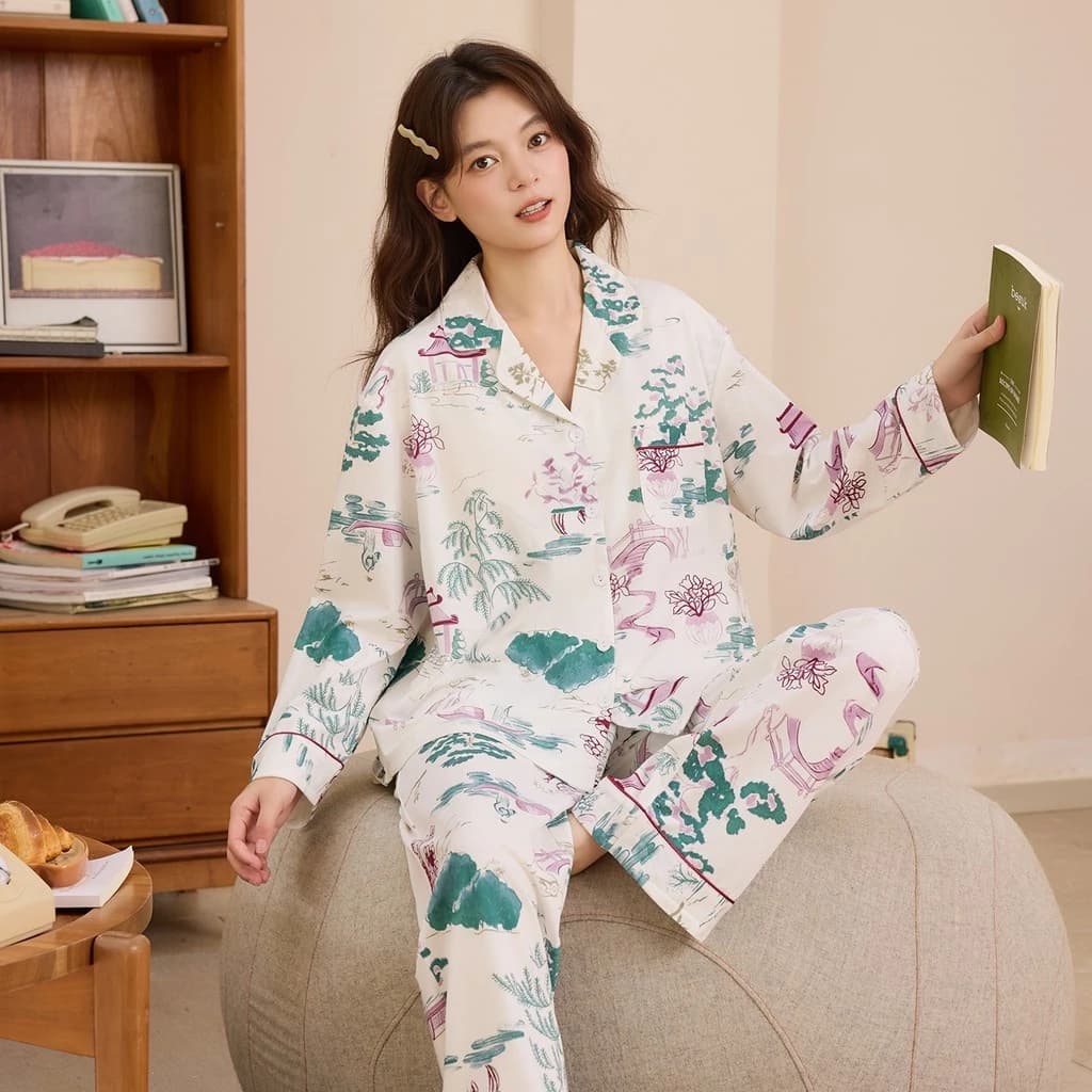 Bộ Đồ Ngủ Nữ 100% Cotton Bộ Đồ Ngủ Mùa Thu Đông Tay Dài Đồ Ngủ Người Phụ Nữ Hoạt Hình Dễ Thương Mặc Ở Nhà