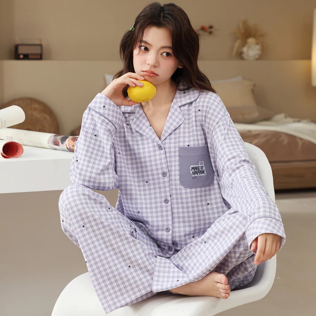 Bộ Đồ Ngủ Có Đệm Bộ Đồ Ngủ Nữ Bộ Thu Đông Tay Dài Đồ Ngủ Người Phụ Nữ Lưới Sọc Mặc Ở Nhà