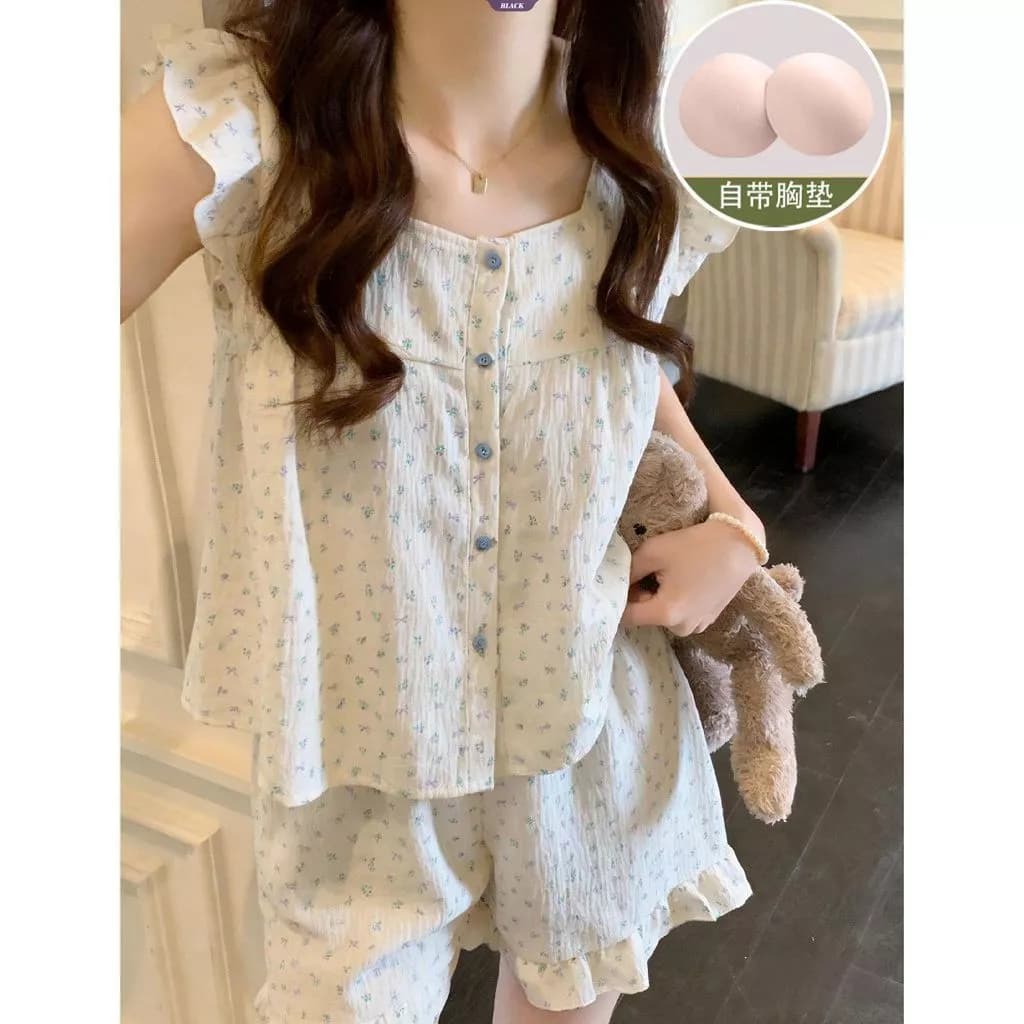 Hannie_Oder-2026 Hàng mới về: Bộ đồ ngủ không tay mùa hè dành cho nữ kèm miếng đệm tích hợp — in hoa màu xanh hàng QC
