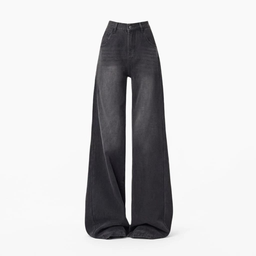 Quần Jeans Ống Rộng Cạp Cao Xám Khói Wash Phong Cách American Retro