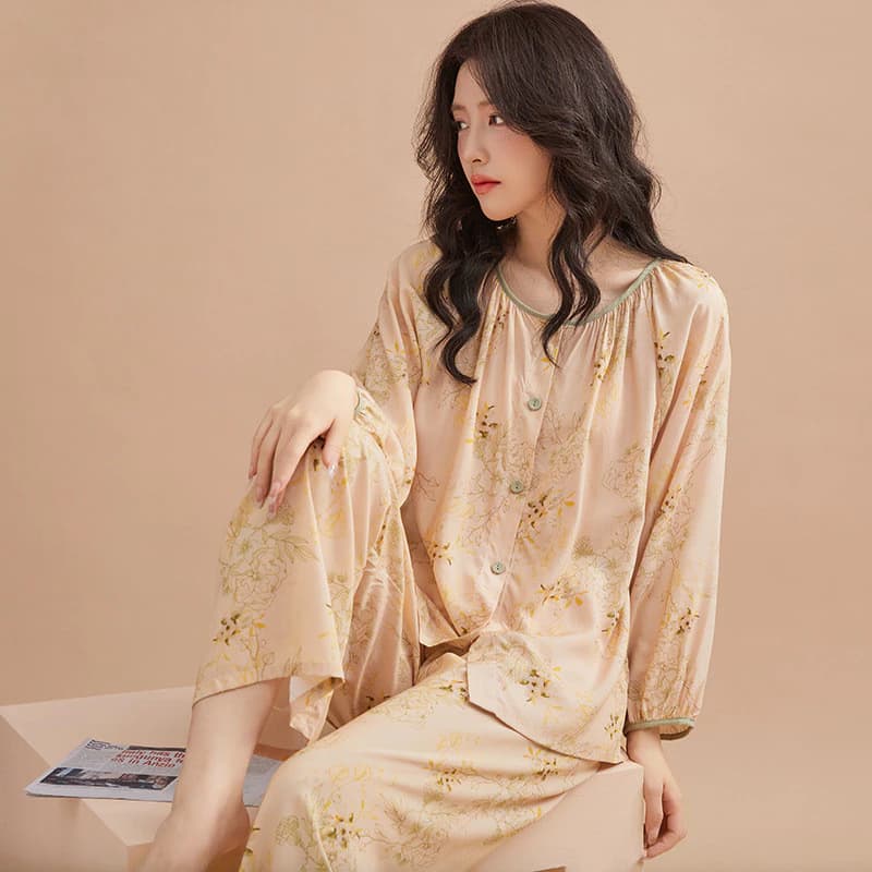 Bộ Đồ Ngủ Nữ Cotton Nhẹ Thoải Mái Có Thể Thở Tốt Quần Dài Tay Cardigan Nhẹ Sang Trọng Bộ Đồ Ngủ Cao Cấp 2 Mảnh