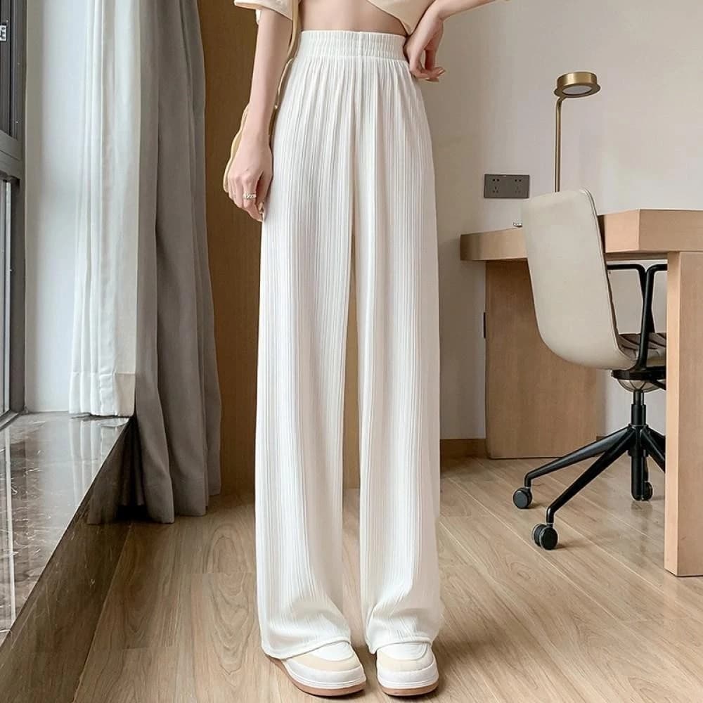 Quần Ống Rộng Nữ Cạp Cao Vải Lụa Băng Thun Lưng Mềm Mại Dáng Dài Thon Gọn Đi Học Đi Làm