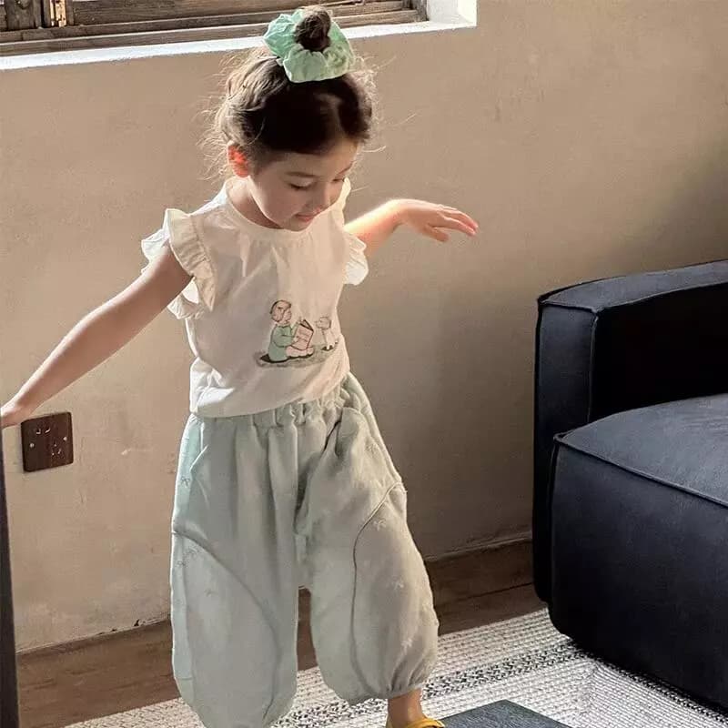 Bộ Đồ Cho Bé Nữ Mùa Hè Phong Cách Mới Trẻ Em Dễ Thương Ren Hoạt Hình Áo Vest Dài Đến Mắt Cá Chân Quần Chống Muỗi Bộ Đồ Hai Mảnh