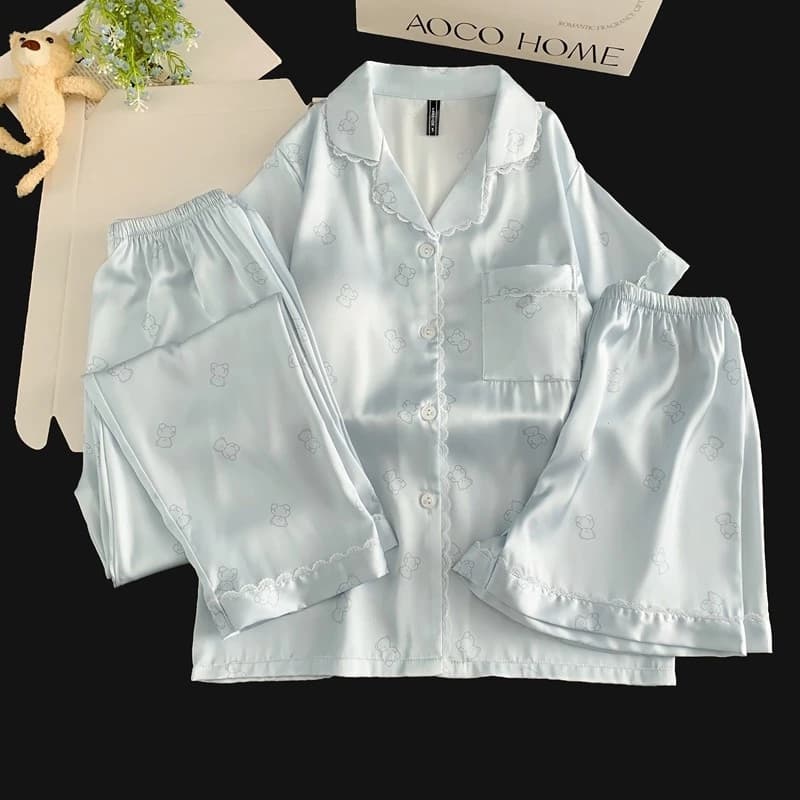 Ice Silk 3 Chiếc Loungewear Có Tích Hợp Áo Ngực Gấu Dễ Thương Ren Trang Trí Đồ Ngủ Cho Nữ