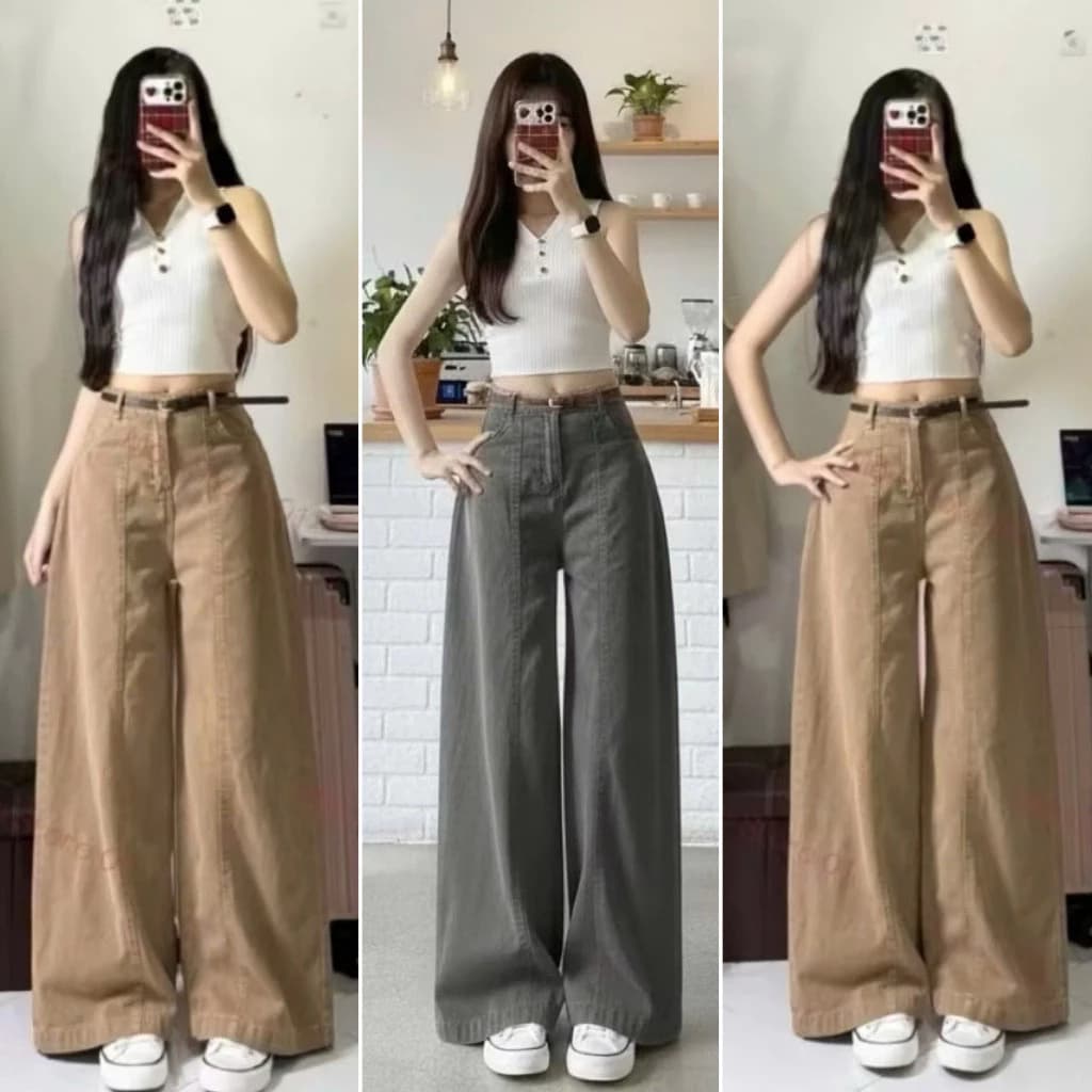 Quần Jean Ống Rộng Thiết Kế Chắp Thân Màu Nâu Tây Hót WJeans018
