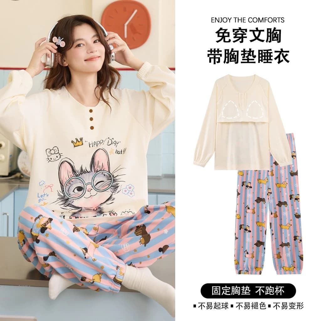Bộ Đồ Ngủ Đệm Nữ 100% Cotton Nguyên Chất Bộ Đồ Ngủ Mùa Thu Đông Tay Dài Đồ Ngủ Người Phụ Nữ Hoạt Hình Dễ Thương Mặc Nhà