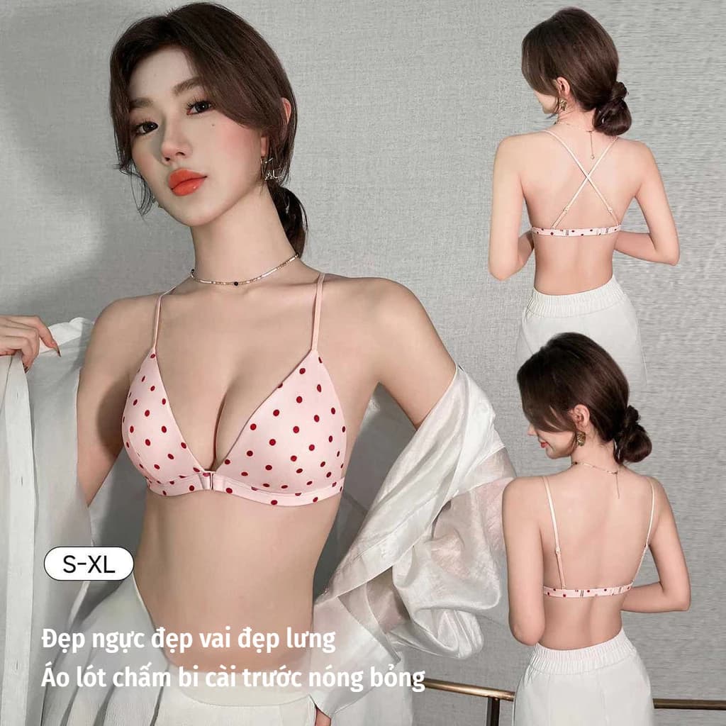 Áo Ngực Nữ Chấm Bi Khóa Trước Dây Mảnh Lưng Đẹp Cổ Sâu Chữ V Gợi Cảm Tôn Ngực Nhỏ Tam Giác Phong Cách Pháp