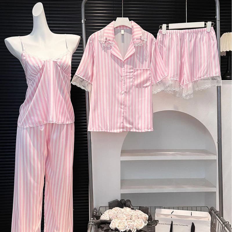 Bộ Đồ Ngủ Ice Silk Nữ Hồng Trắng Sọc Ren Ngọt Ngào Homewear Phù Hợp Với