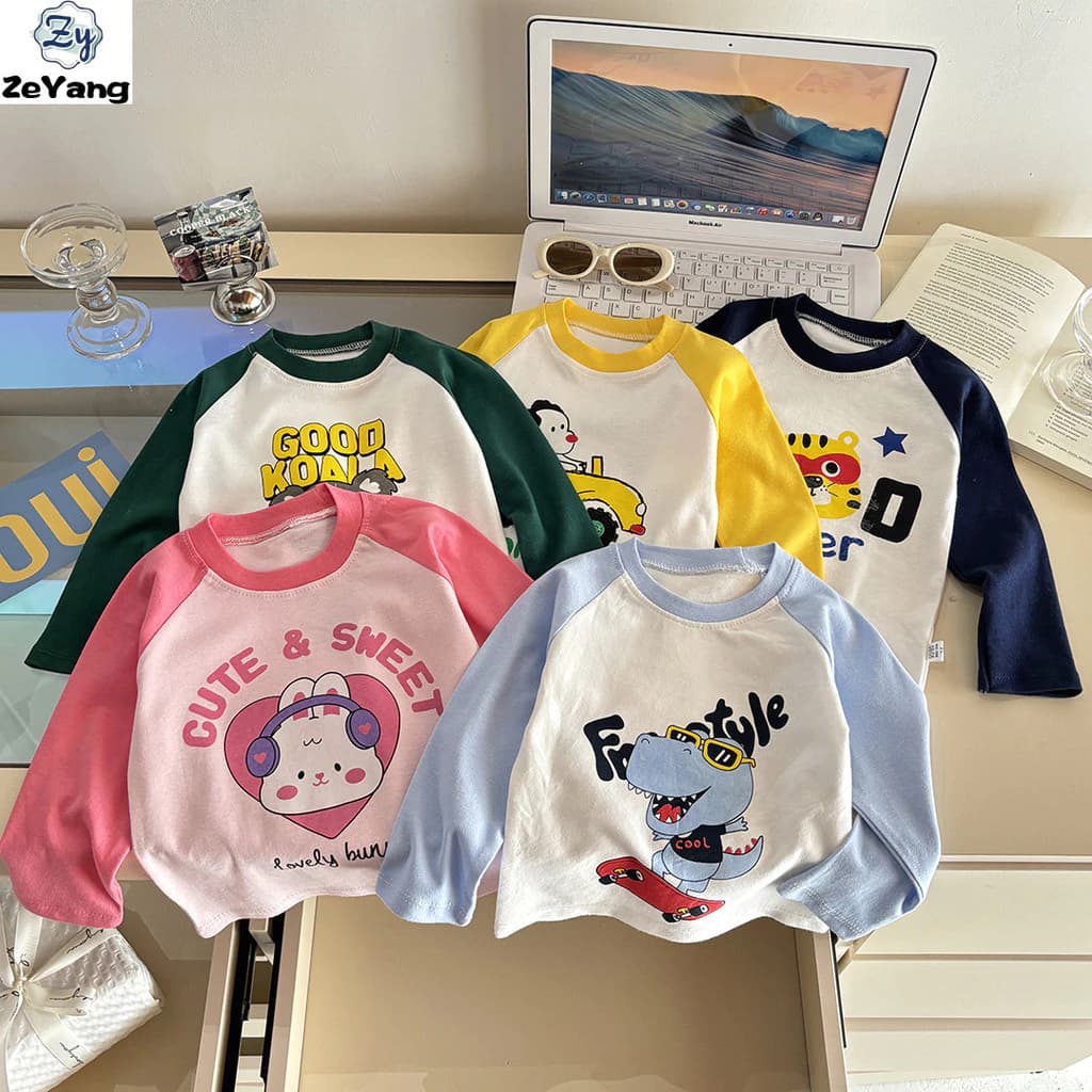 [ZY] 60-140 Hàng có sẵn Áo thun Cotton dài tay nguyên chất dành cho trẻ em Áo thun dài tay thường ngày thu đông cho bé Áo sơ mi đáy hoạt hình phù hợp cho trẻ em thời trang