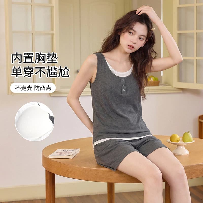 Có Miếng Lót Ngực Bộ Đồ Ngủ Nữ Ice Silk Bộ Đồ Ngủ Mùa Hè Nhẹ Thoải Mái Có Thể Thở Tốt Quần Short Không Tay Bộ 2 Món Có Thể Mặc Bên Ngoài Hoạt Hình Dễ Thương Đồ Gia Đình