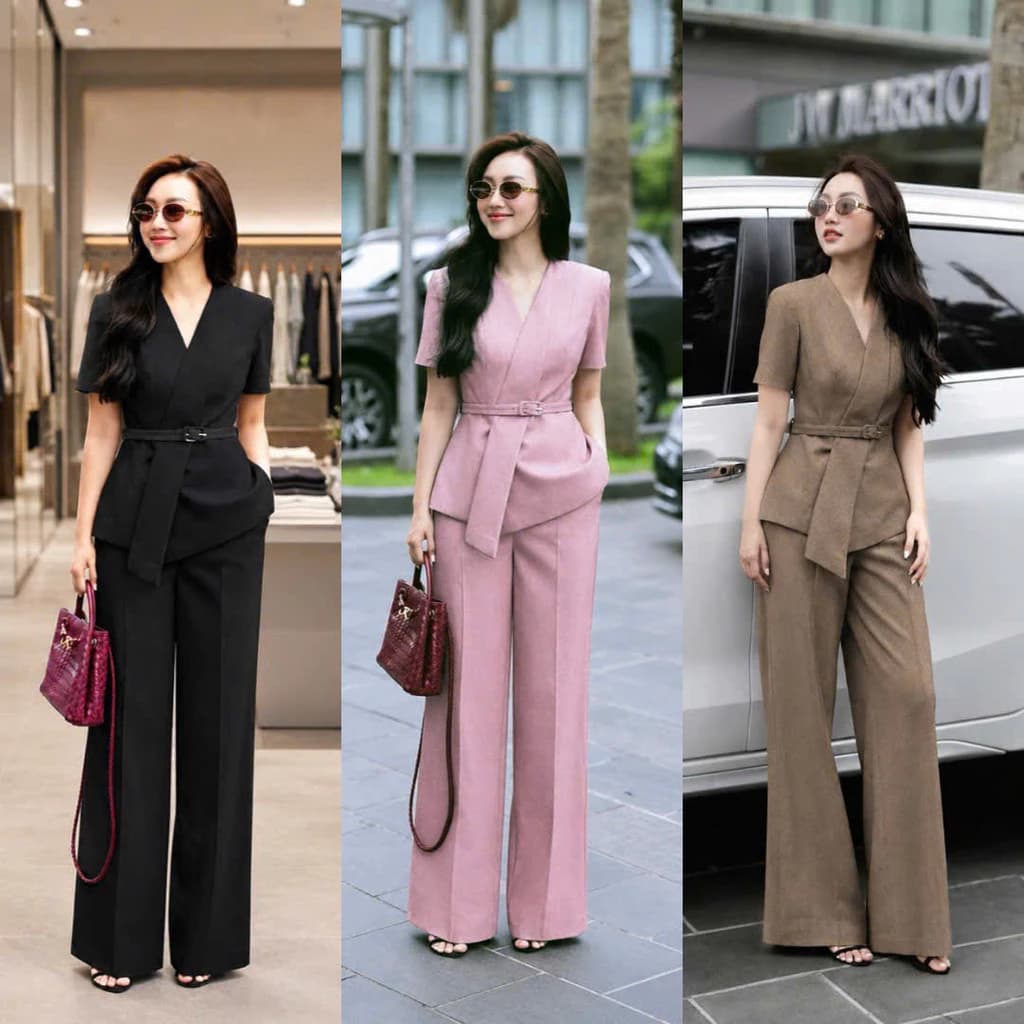 [Mới] Set Vest Nữ Vạt Chéo Tay Ngắn Kèm Dây Nịt Bọc Vải + Quần Tây Suông Đẳng Cấp THOITRANGNAM1986