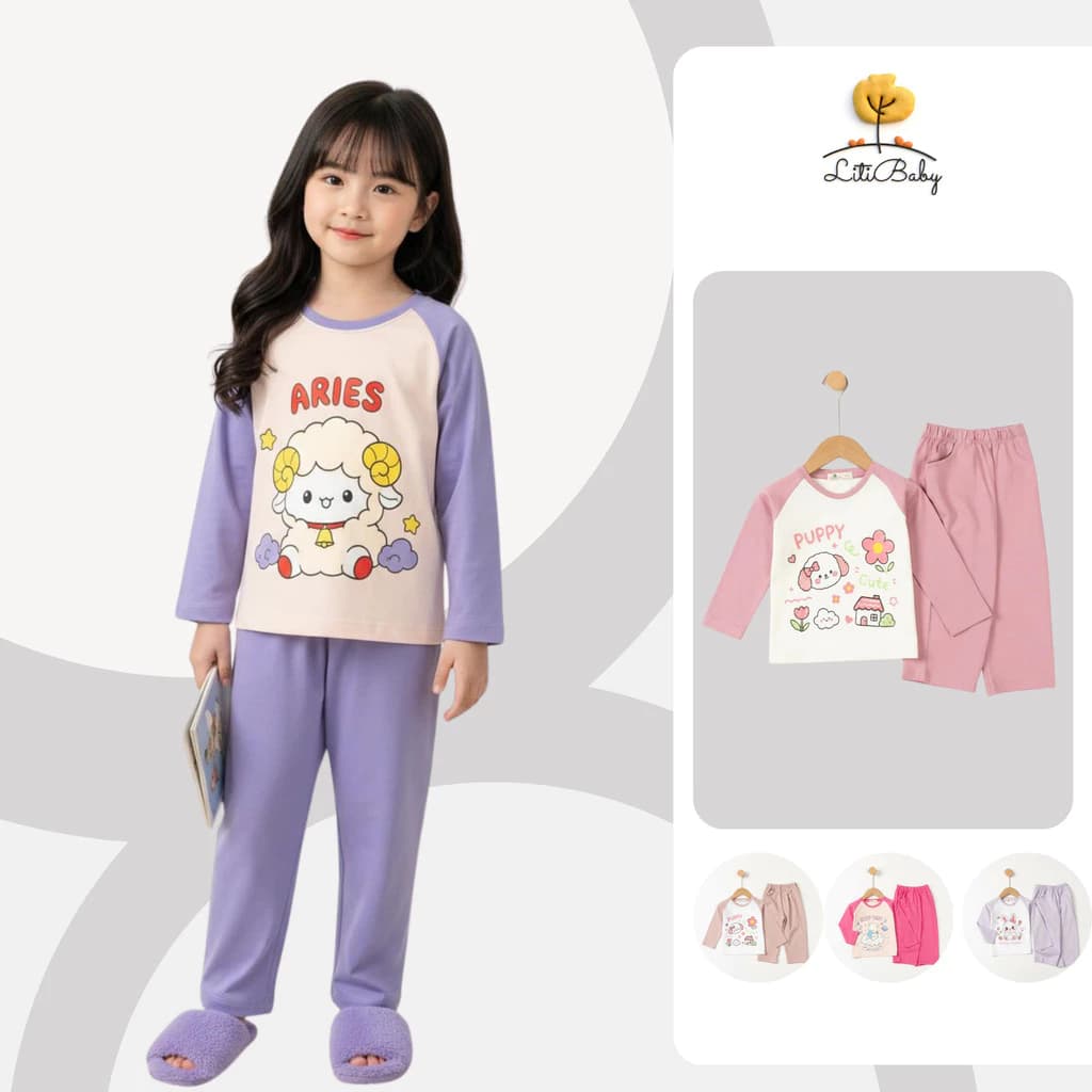 Bộ cotton dài tay bé gái mềm mịn, co giãn 4 chiều mặc hằng ngày LITIBABY 2-10 tuổi TSD05