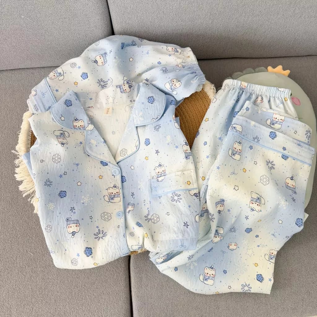 Bộ đồ ngủ nữ 3 món Pijama cotton Mềm mại thoải mái thoáng khí Thêu hoạ tiết dễ thương đồ mặc nhà 370