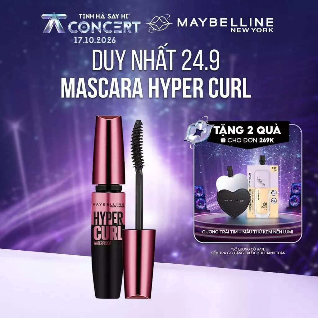 Mascara Dài Mi và Cong Mi Maybelline New York Hyper Curl Waterproof Chuốt Mi Đen Hiệu Quả Không Lem Không Trôi 9.2ml