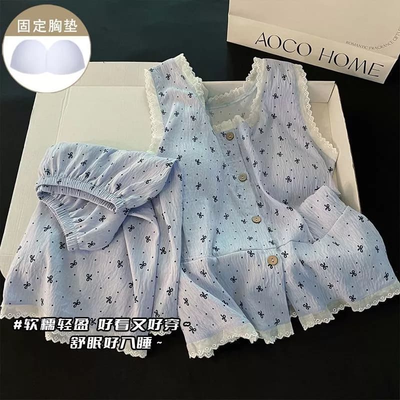 Bộ Đồ Ngủ Camisole Mùa Hè Mới, Dễ Thương, Gợi Cảm, Có Đệm Ngực Dành Cho Nữ, Bộ Đồ Mặc Nhà Rộng Rãi Có Nơ Xanh-Hàng Order