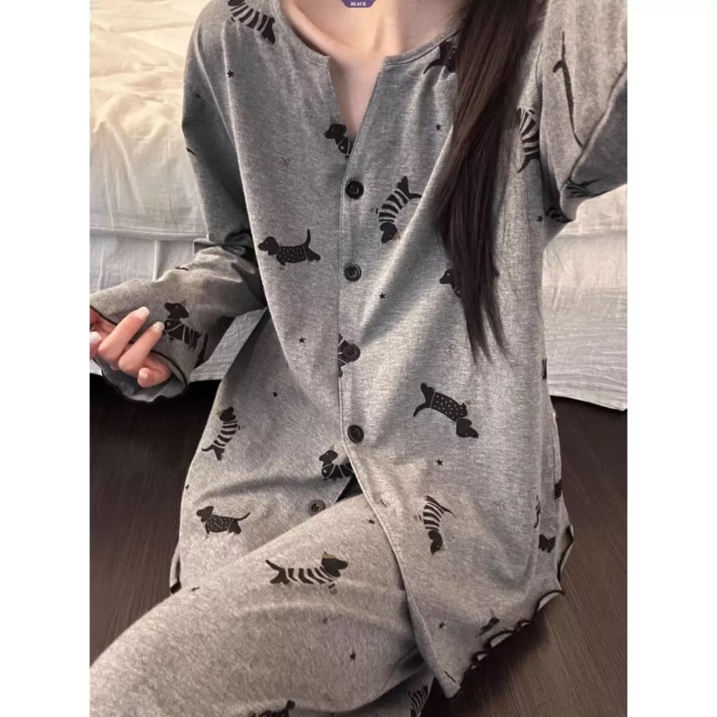 Bộ đồ ngủ in họa tiết Dachshund hoạt hình dành cho nữ, phong cách Hàn Quốc, thoải mái mặc ở nhà mùa đông