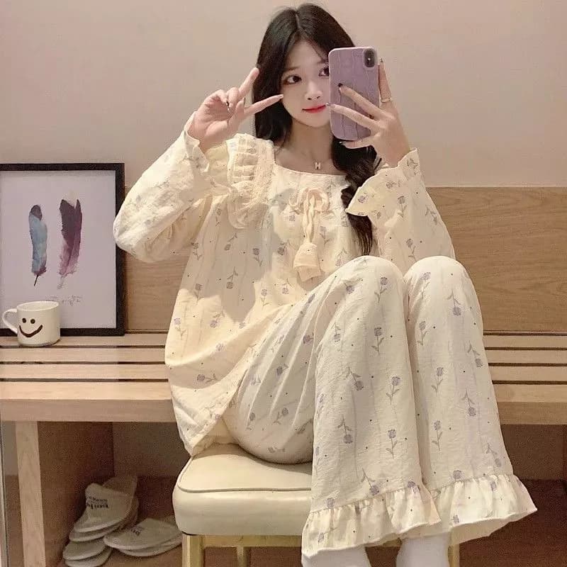 Bộ Đồ Mặc Nhà Phong Cách Hàn Quốc Dành, Hot Trend Mùa Xuân Thu, Tay Dài, Quần Dài, Phối Ren, Ngọt Ngào - Hàng Order