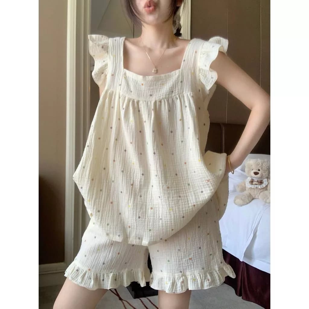 Bộ đồ ngủ chấm bi nhiều màu sắc dễ thương dành cho bé gái, đồ mặc nhà mùa hè, kiểu dáng mỏng nhẹ mới - Order