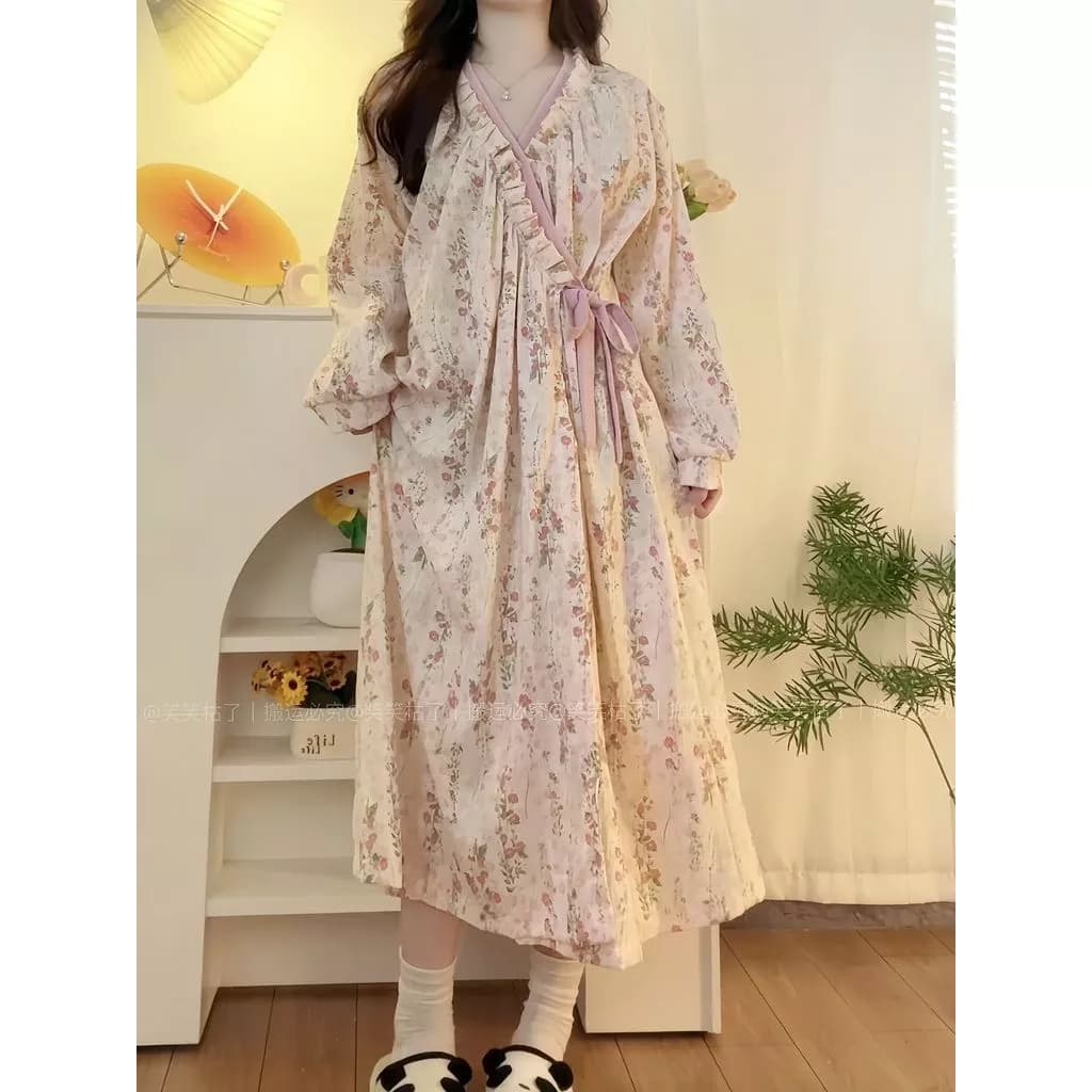 Đầm Ngủ Dài Tay Ngắn/Tay Dài Hoa Nhí Cao Cấp Phong Cách Pháp - Chất Vải Cotton Cao Cấp, Dòng Sweet Monet Garden (2 Kiểu Tay)