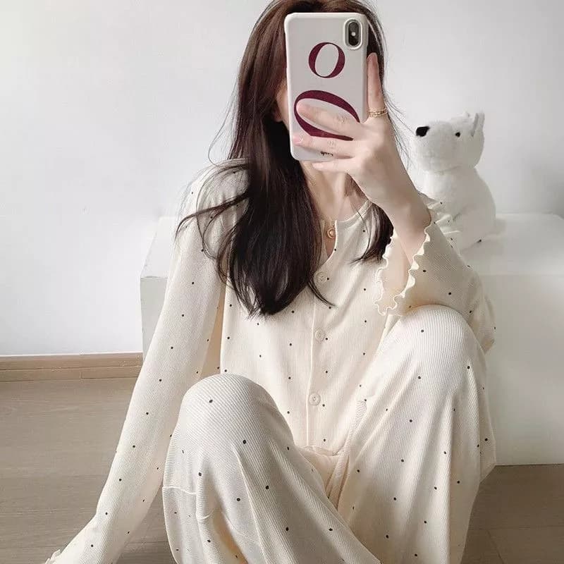 Đồ mặc nhà mùa xuân thu mới dành cho nữ, kiểu dáng đơn giản, họa tiết chấm bi, áo dài tay quần dài, đồ ngủ - Hàng Order
