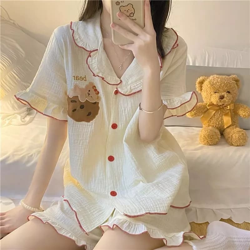 Bộ đồ ngủ mùa hè kiểu công chúa có bèo nhún dành cho nữ, bộ đồ mặc nhà ngắn tay, quần đùi, họa tiết gấu dễ thương- Order