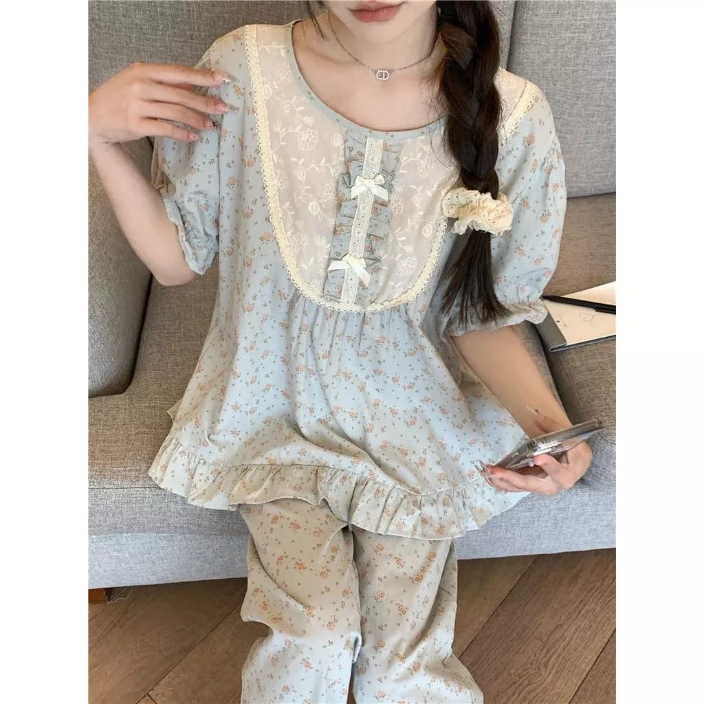 Bộ Đồ Ngủ Mùa Hè Cho Nữ Phong Cách Công Chúa Dễ Thương Giúp Trẻ Trung Phong Cách Ren Hoa Tay Ngắn Quần Dài - Hàng Order