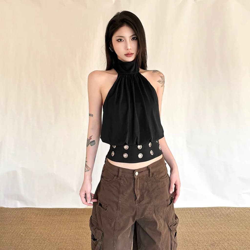 Klalien Gợi Cảm Dây Lưng Áo Tắt Tay Hình Eo Rỗng Ra Thiết Kế Nữ Mùa Hè Mỹ Phong Cách Vintage