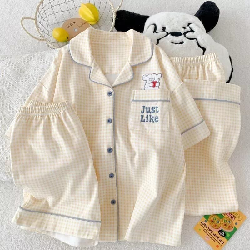 Bộ Đồ Ngủ Thêu Hình Chó Caro Vàng Dành Cho Nữ, Gồm Áo Ngắn Tay, Quần Short Và Quần Dài, Bộ Ba Món Mặc Nhà - Hàng Order