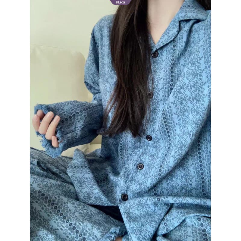 Bộ đồ ngủ dài tay viền xanh dễ thương dành cho nữ - Bộ đồ mặc nhà nhẹ phong cách Hàn Quốc mùa xuân thu [BL]