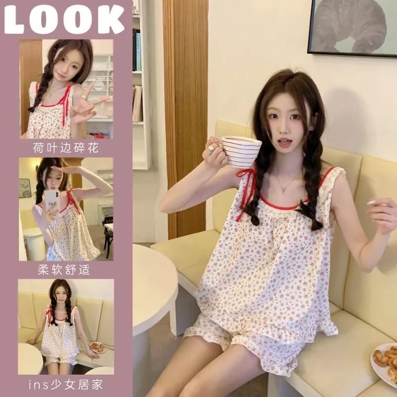 Bộ đồ ngủ nữ phong cách Hàn Quốc, họa tiết hoa ngọt ngào, thời trang mùa hè, kiểu dáng nữ tính, viền ren - Hàng Order