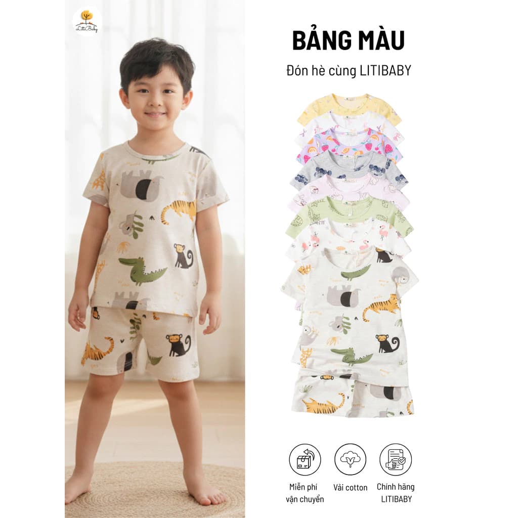 Bộ cotton bé trai in hình đáng yêu LITIBABY cho bé từ 2-10 tuổi  TS20