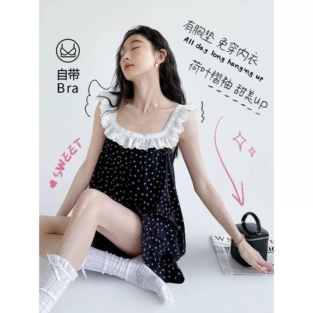 Bộ đồ ngủ kiểu Pháp có đệm ngực dành cho mùa hè, quần short tay ngắn nữ, mát mẻ và mỏng nhẹ, ngọt ngào - Hàng Order