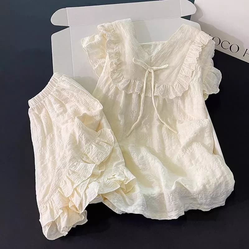 Bộ Đồ Ngủ Mùa Hè Nữ Màu Kem Mơ Có Nơ, Phong Cách Công Chúa, Gợi Cảm Và Quần Đùi, Bộ Đồ Mặc Nhà Ngọt Ngào - Hàng Order