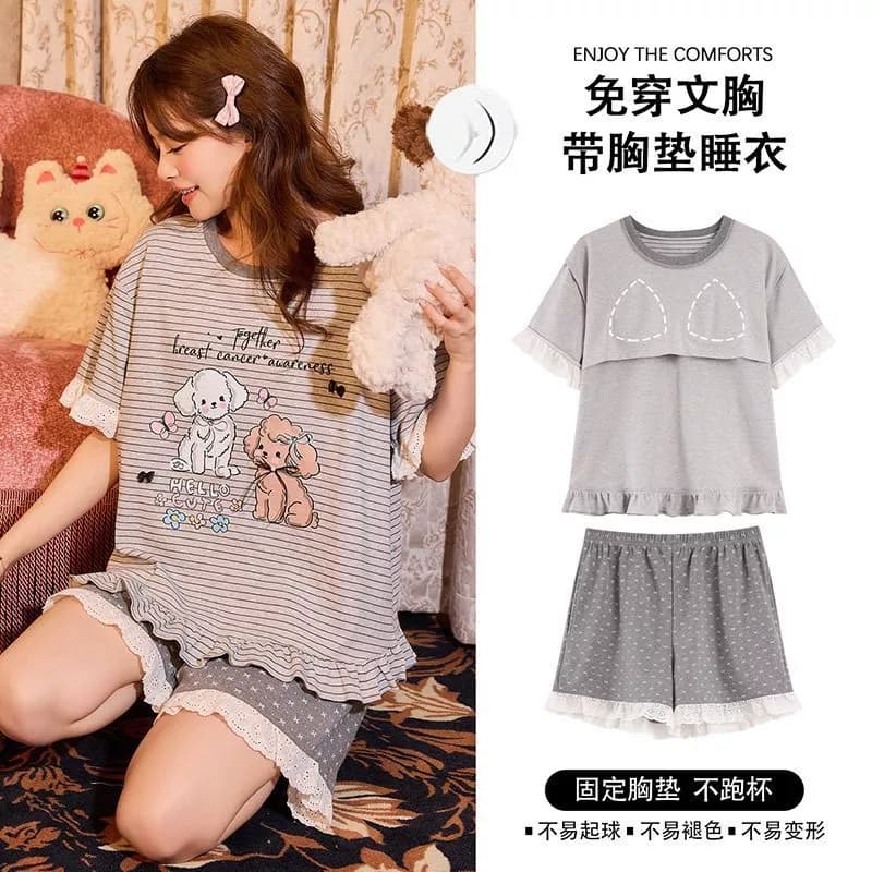 Bộ đồ ngủ mùa hè mới dành cho nữ, quần đùi tay ngắn có đệm ngực, bộ đồ mặc nhà hoạt hình dễ thương - Hàng Order