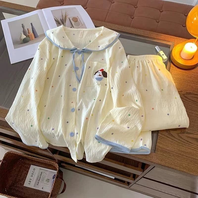 Bốn mùa Bộ Đồ Ngủ Pijama Nữ cotton Thêu hoạ tiết dễ thương Vải mềm mại thoải mái đồ mặc nhà 2515