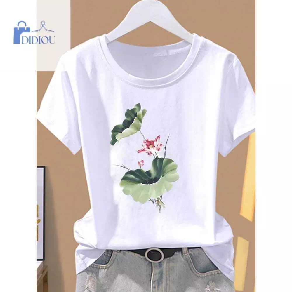 Áo thun nữ in họa tiết, kiểu dáng thường ngày, thiết kế cổ tròn độc đáo và thời trang, thoáng khí theo phong cách Mỹ.