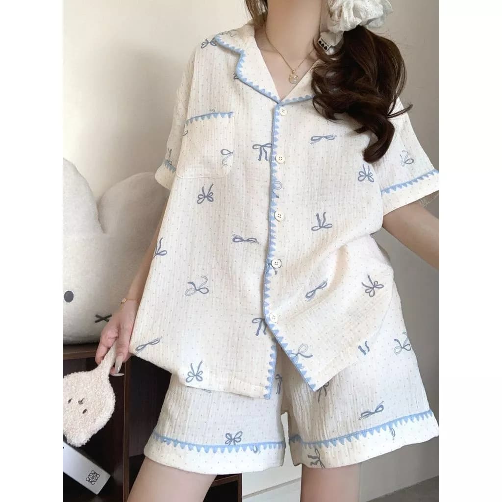 Bộ đồ ngủ ngắn tay cotton mây mới mùa hè, kiểu nơ viền xanh đơn giản, dành cho nữ, mặc ở nhà, dễ thương - Hàng Order