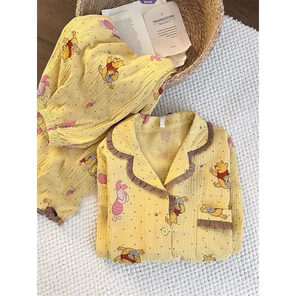 Bộ đồ ngủ nữ Winnie the Pooh phong cách Nhật Bản, áo quần dài, phù hợp mùa xuân/thu