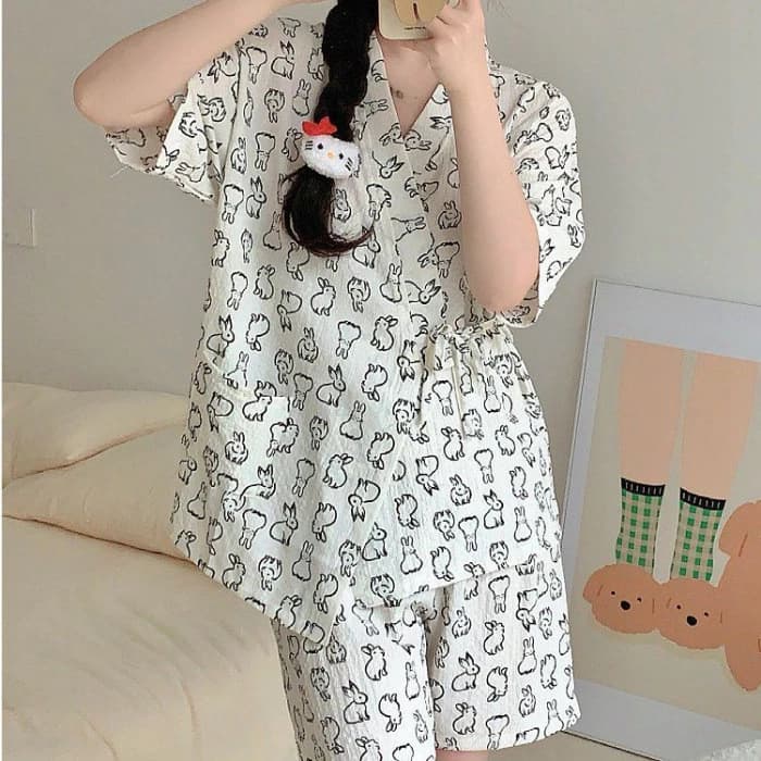 【Chất Liệu Cao Cấp】Bộ Đồ Ngủ Mặc Nhà Hè Tay Ngắn Quần Short Vải Voan Bong Bóng - Thiết Kế Dây Rút Tôn Dáng Thời Thượng