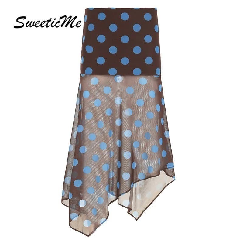 SweeticMe Nữ 2025 Thời Trang Mới Màu Sắc Tương Phản Chấm Bi Lưới Không Đều Nhìn Xuyên Qua Váy Dài