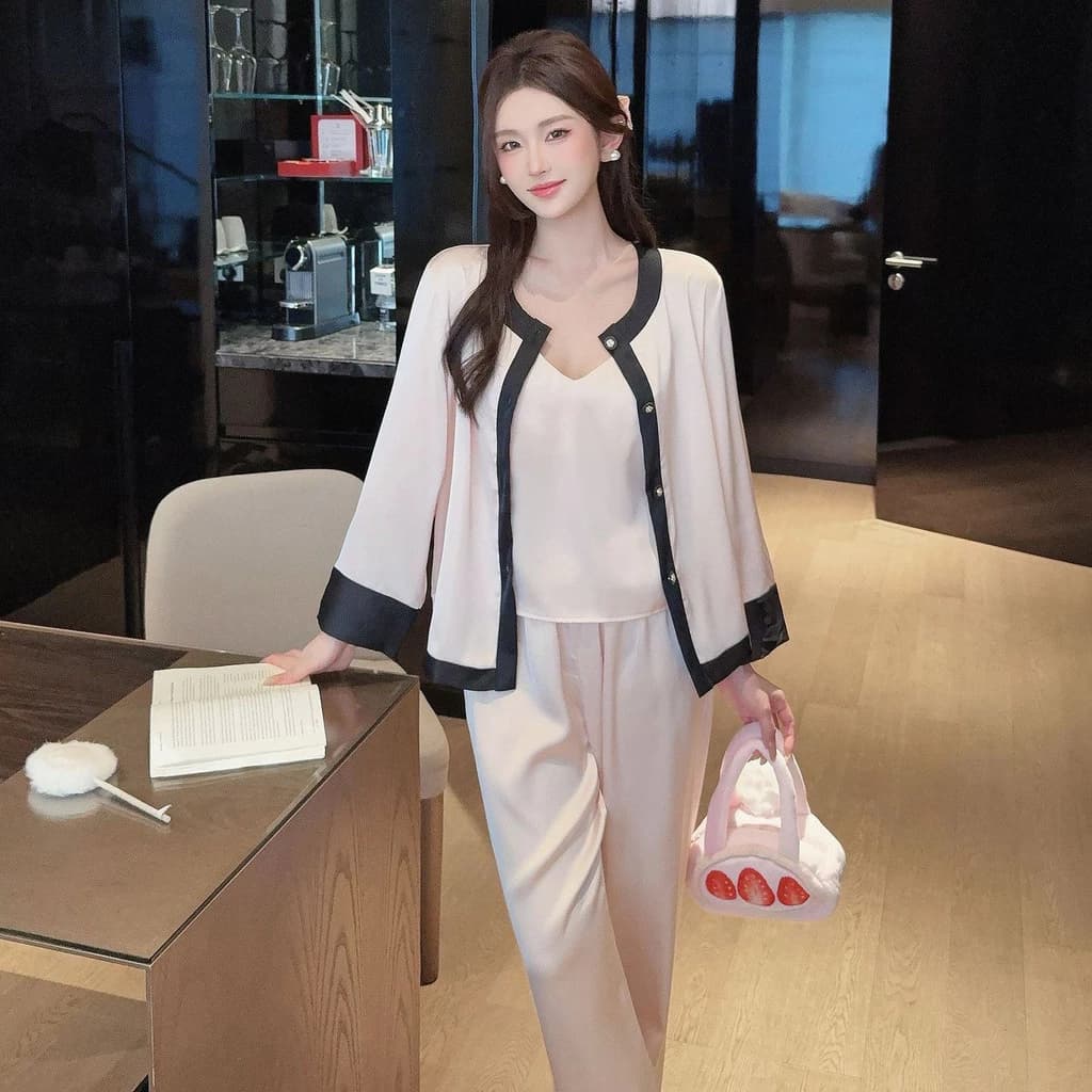 TEEFENG Bộ Đồ Ngủ Nữ 3 Món Lụa Cao Cấp Phong Cách Sang Trọng Dài Tay Có Miếng Lót Ngực Loungewear