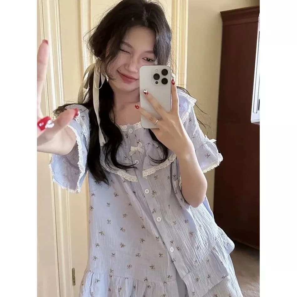 Bộ Đồ Ngủ In Họa Tiết Đơn Giản Phong Cách Đồng Quê Dành Cho Nữ, Áo Tay Ngắn Mùa Hè Mới - Hàng Order