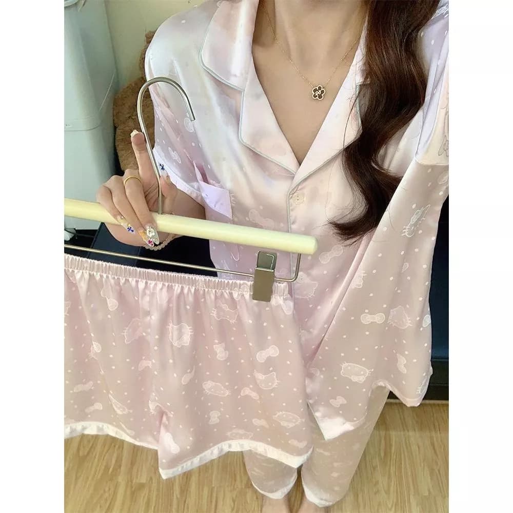 Bộ đồ ngủ hellokitty ba món dành cho nữ, chất liệu lụa băng mùa hè, tay ngắn, mỏng, dễ thương, phong cách ins - Order