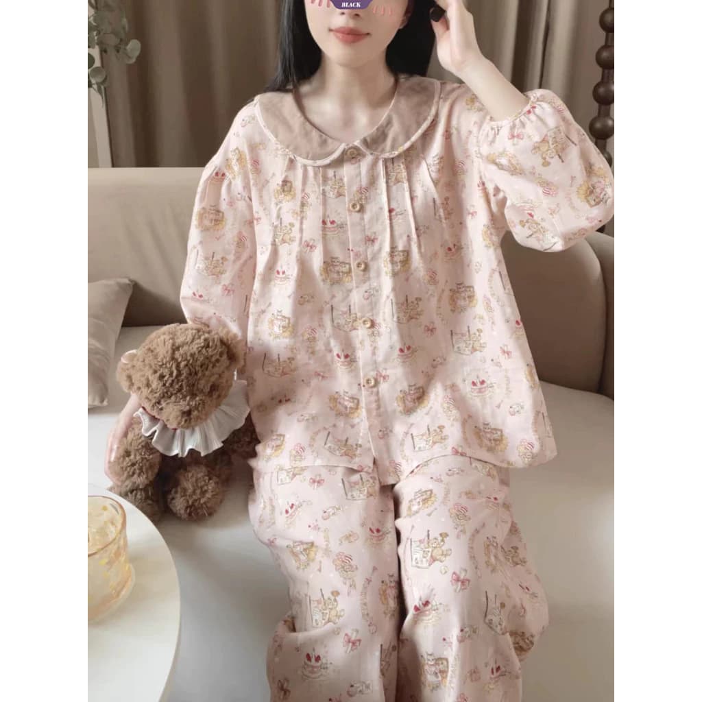 Bộ đồ ngủ cổ búp bê phong cách Hàn Quốc, áo len cardigan, đồ mặc nhà dễ thương