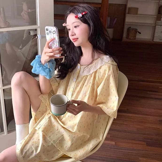 Bộ đồ ngủ mùa hè phong cách đồng quê tươi mát, giản dị dành cho nữ, in hình hoạt hình dễ thương, tay ngắn - Hàng Order