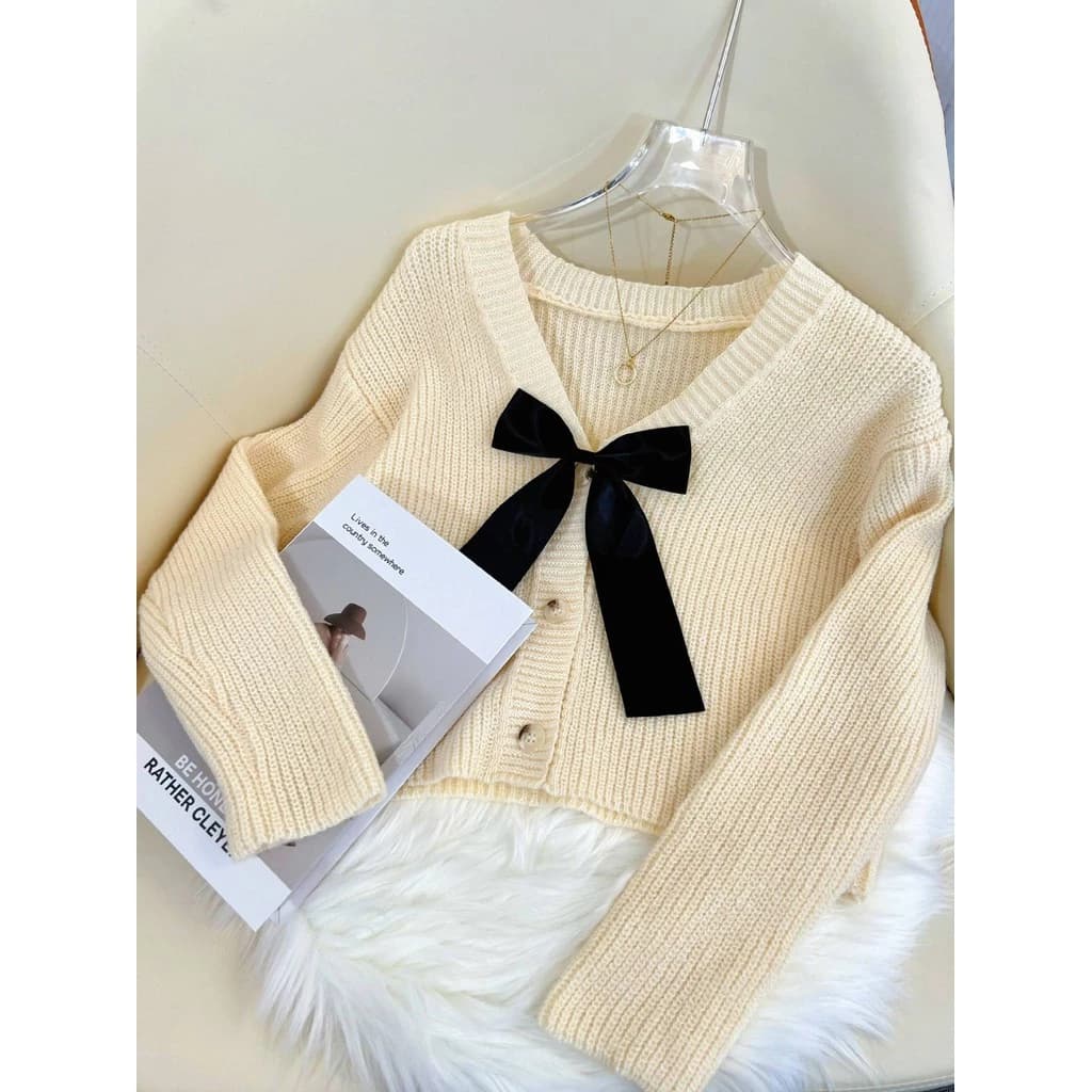Áo len cardigan dệt kim tay dài  cổ chữ V